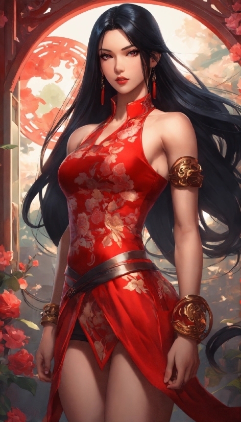 Hairstyle, Dress, Thigh, Red, Cg Artwork, Black Hair