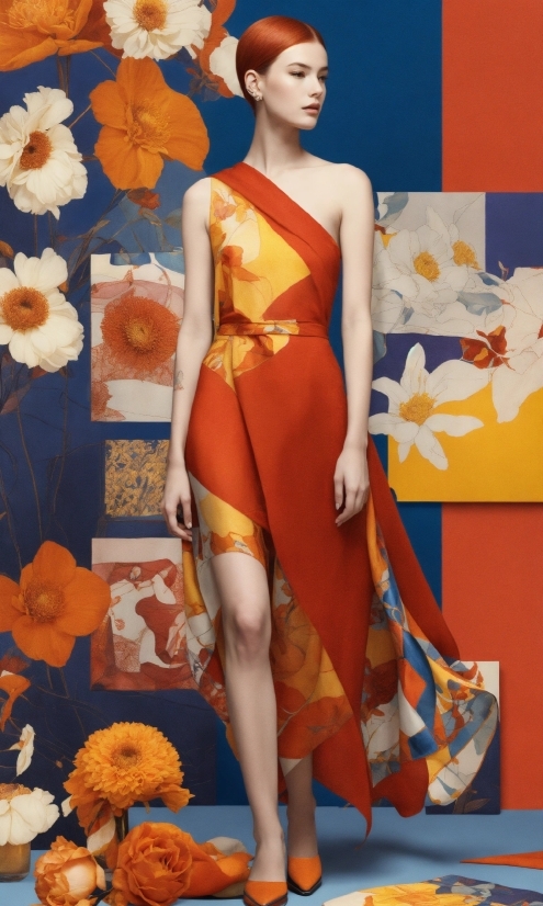 Joint, Flower, Orange, Plant, Blue, One-piece Garment