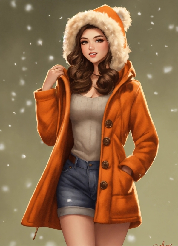 Lip, Outerwear, Hairstyle, Shorts, Fur Clothing, Orange