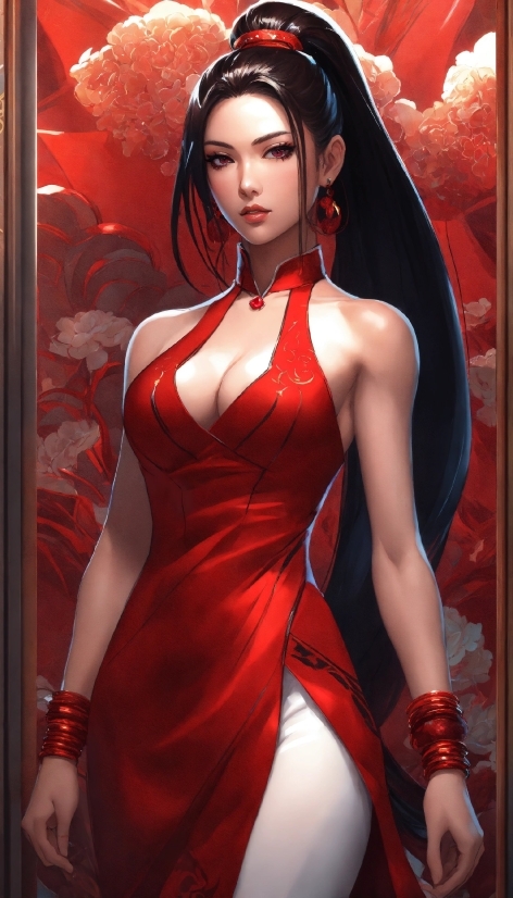 Dress, Red, Thigh, Art, Black Hair, Fashion Design