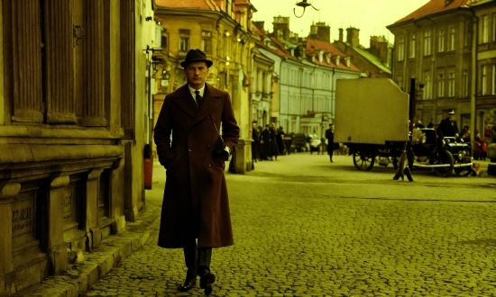 Standing, Yellow, Building, Window, Overcoat, Road Surface