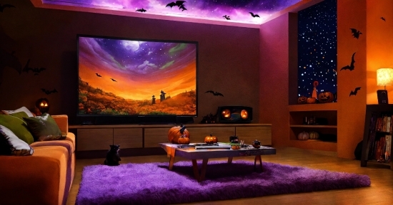 Property, Furniture, Purple, Entertainment, Lighting, Table