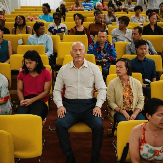 Human, Chair, Yellow, Tie, Crowd, Suit