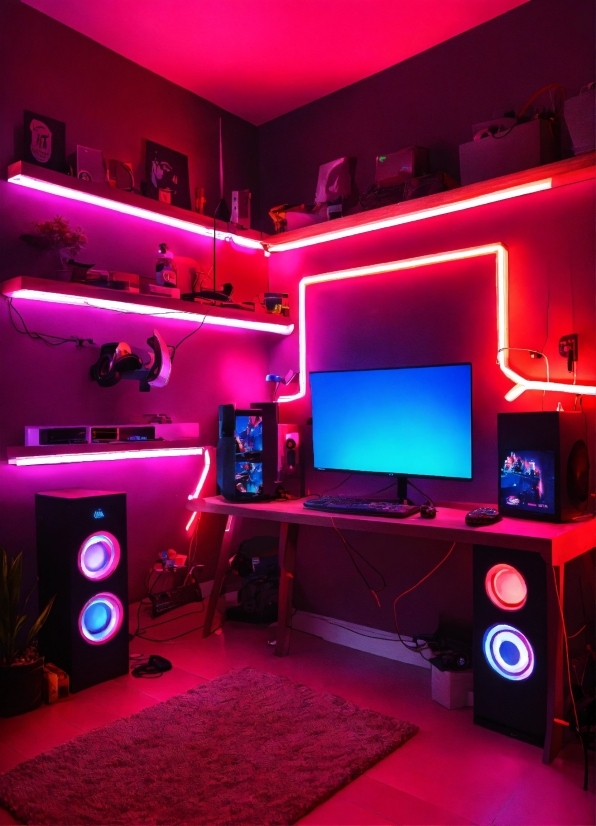 Purple, Entertainment, Interior Design, Building, Personal Computer, Computer Desk