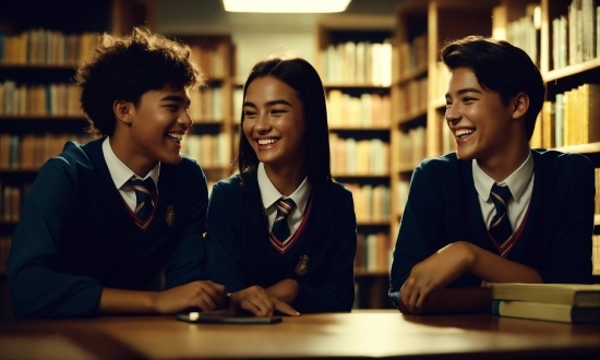 Smile, Facial Expression, School Uniform, Table, Tie, Happy