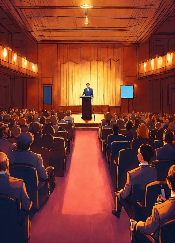 Chair, Lighting, Suit, Curtain, Public Speaking, Hall