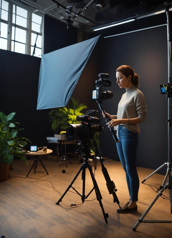 Tripod, Plant, Window, Videographer, Camera Accessory, Television Studio