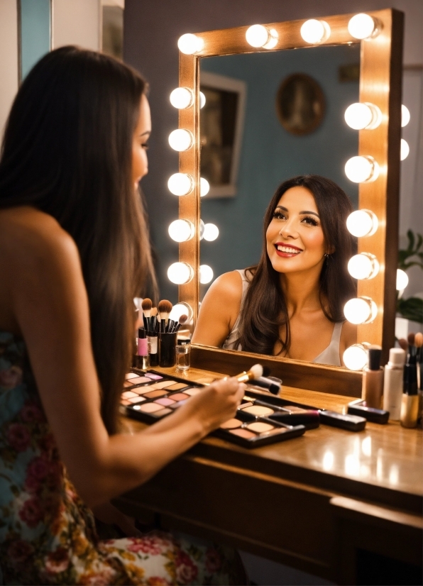 Mirror, Smile, Hairstyle, Tableware, Dress, Human