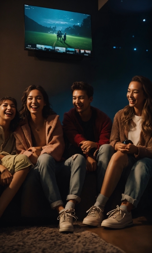 Jeans, Smile, Television, Leg, Flash Photography, Couch