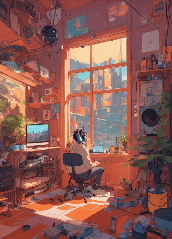 Orange, Interior Design, Art, Computer Monitor, Machine, Building