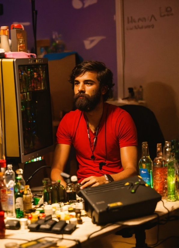 Table, Bottle, Audio Equipment, Electronic Instrument, Beard, Fun