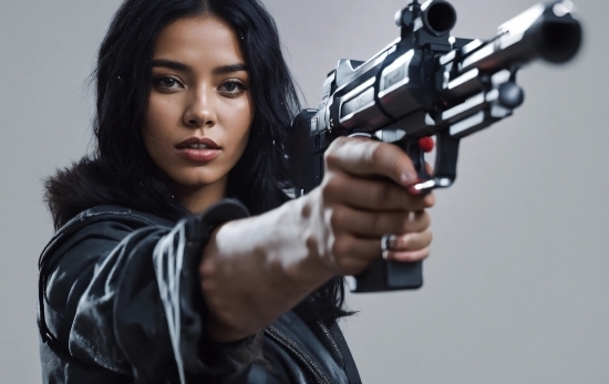 Flash Photography, Gesture, Air Gun, Leather Jacket, Black Hair, Eyelash