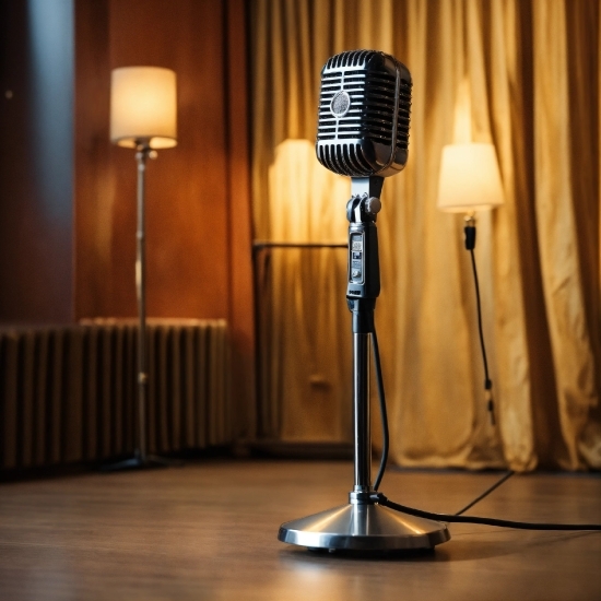 Microphone, Light, Interior Design, Camera Accessory, Table, Wood