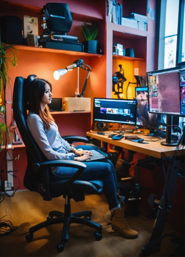 Computer, Personal Computer, Table, Computer Monitor, Office Chair, Plant