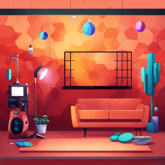 Orange, Interior Design, Lighting, Building, Houseplant, Toy