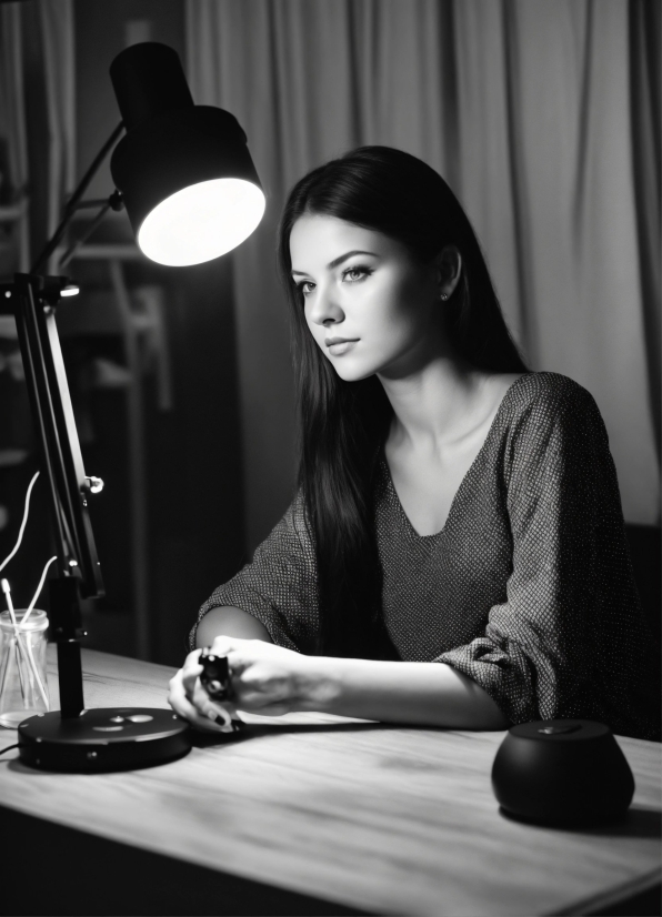 Hairstyle, Black, Table, Flash Photography, Standing, Black-and-white