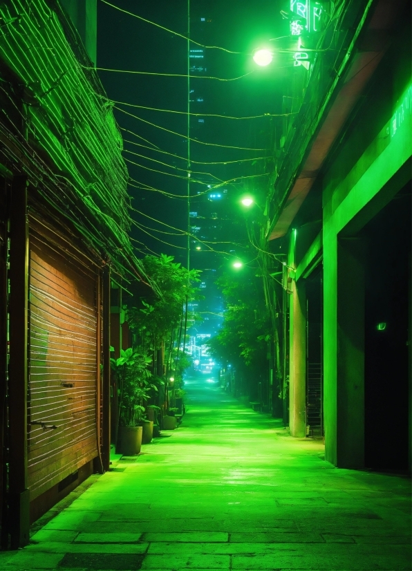 Green, Light, Fixture, Line, Electricity, Terrestrial Plant