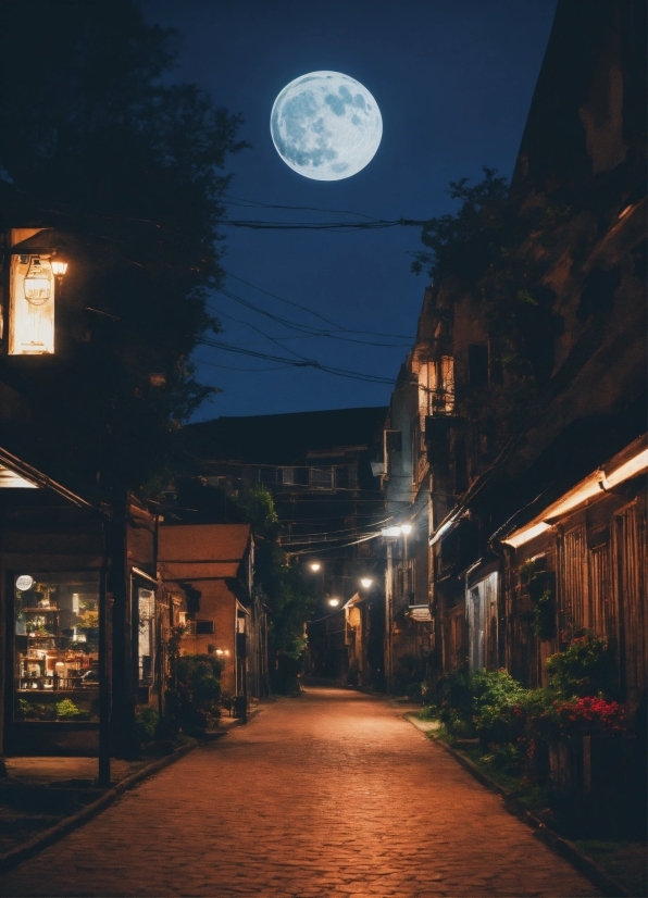 Sky, Building, Moon, Light, Street Light, Window