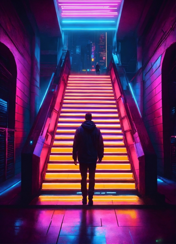 Stairs, Light, Purple, Building, Standing, Line