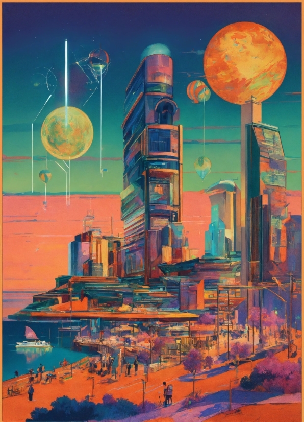 Building, Sky, Skyscraper, Moon, Tower, Art