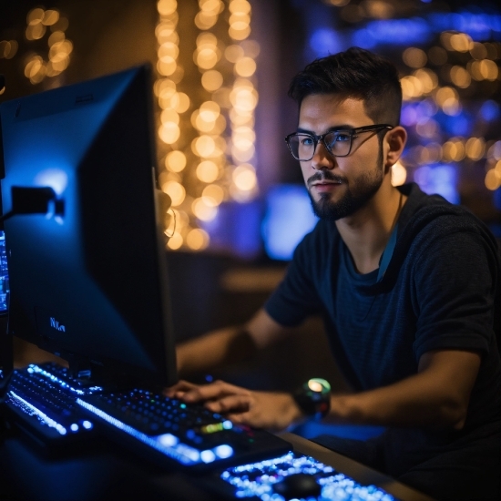 Glasses, Computer, Personal Computer, Blue, Entertainment, Music Artist