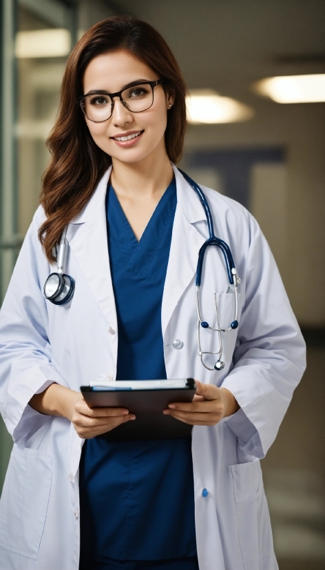 Glasses, Smile, White Coat, Sleeve, Health Care, Stethoscope