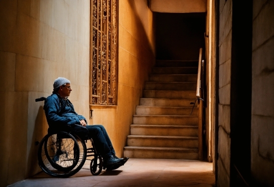 Wheel, Wheelchair, Tire, Wood, Sunlight, Stairs