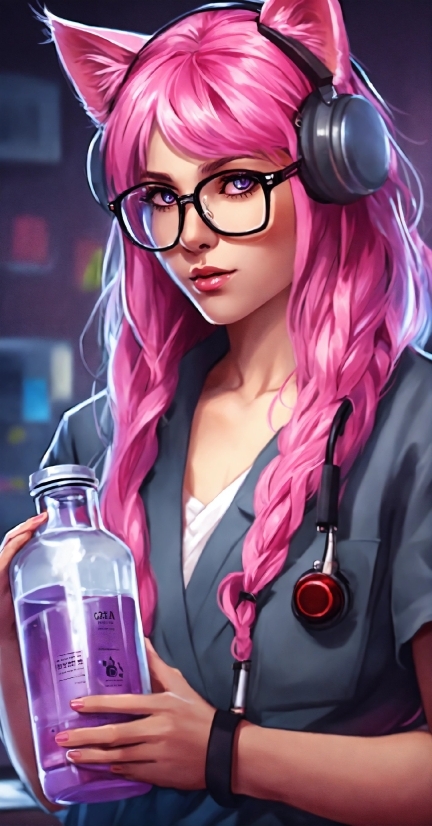 Hairstyle, Vision Care, Bottle, Liquid, Purple, Ear