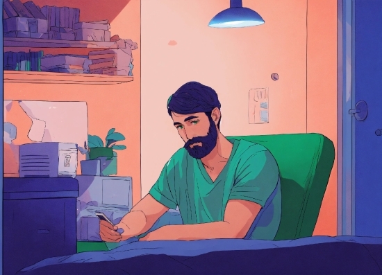 Blue, Art, Painting, Room, Illustration, Beard