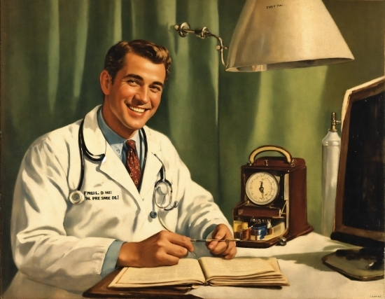 Smile, Table, White Coat, Dress Shirt, Lamp, Science