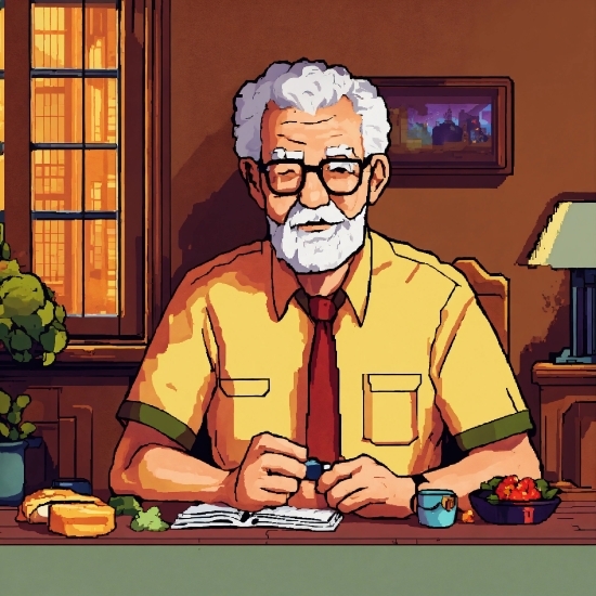 Glasses, Watch, Cartoon, Tableware, Beard, Window