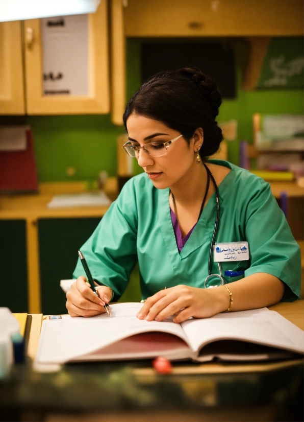 Glasses, Desk, Table, Eyewear, Stethoscope, Job