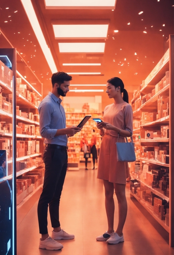 Product, Shelf, Lighting, Orange, Gesture, Customer