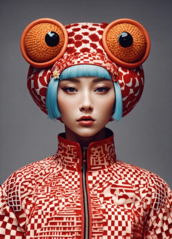 Eyelash, Neck, Sleeve, Orange, Headgear, Red