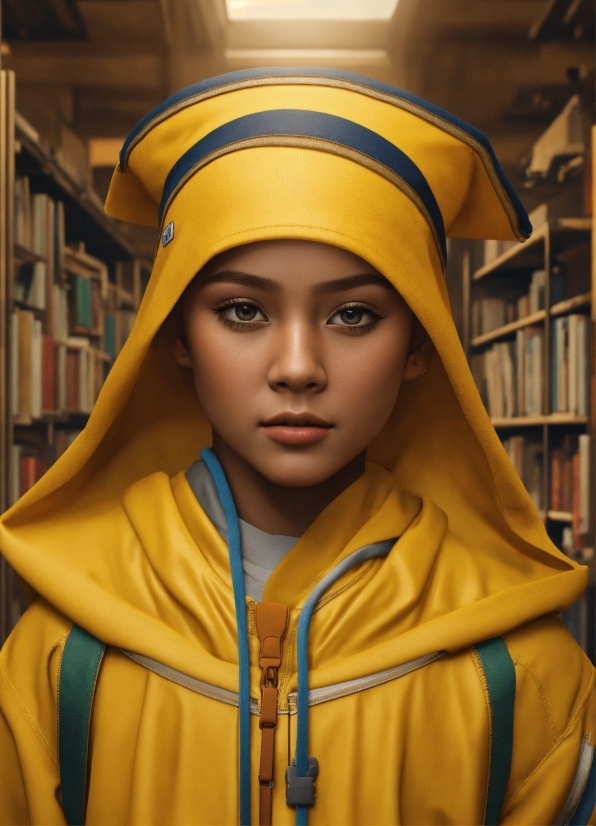 Outerwear, Eye, Bookcase, Shelf, Sleeve, Yellow