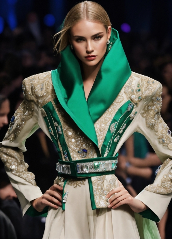 Outerwear, Hairstyle, Green, Sleeve, Fashion Design, Entertainment