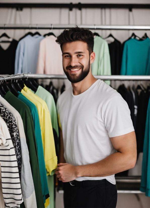 Outerwear, Smile, Shoulder, Blue, Beard, Fashion