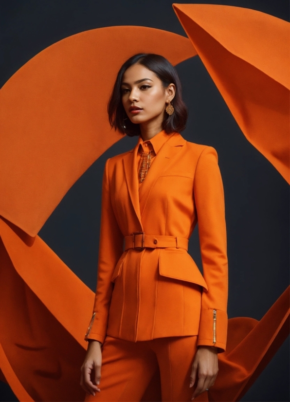 Outerwear, Orange, Sleeve, Collar, Fashion Design, Waist