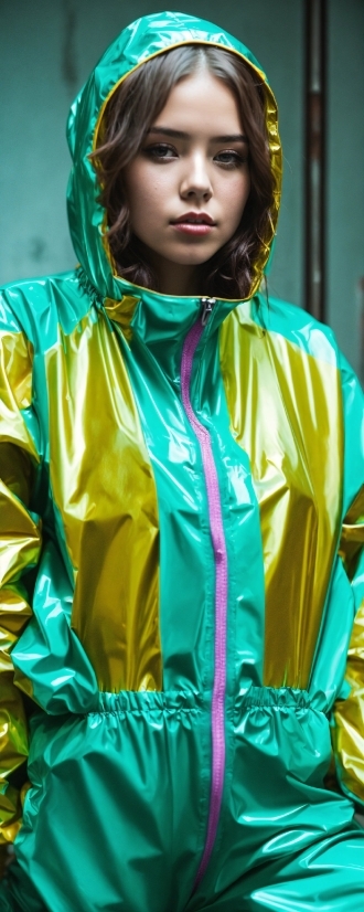 Outerwear, White, Green, Sleeve, Yellow, Raincoat