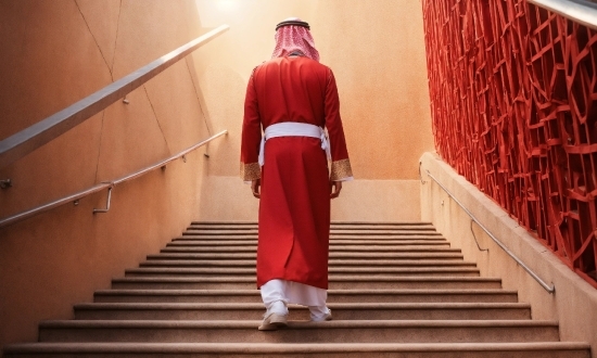 Orange, Sleeve, Temple, Stairs, Red, Waist