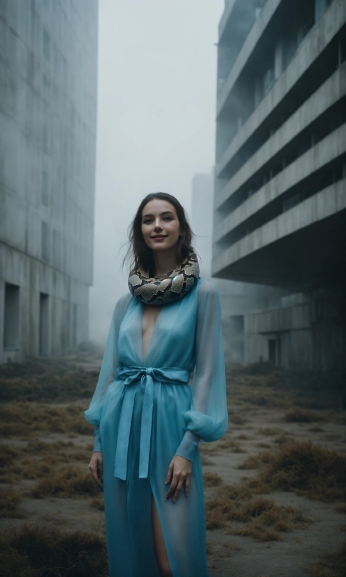 Building, Flash Photography, Smile, Grey, Dress, Sky