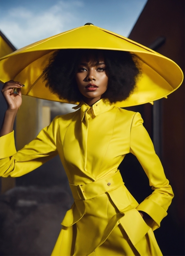 Umbrella, Orange, Hat, Sleeve, Yellow, Gesture