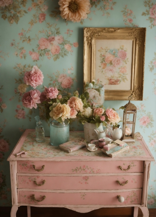 Flower, Green, Blue, Vase, Drawer, Table