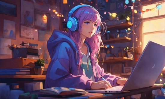 Computer, Purple, Personal Computer, Laptop, Cartoon, Table