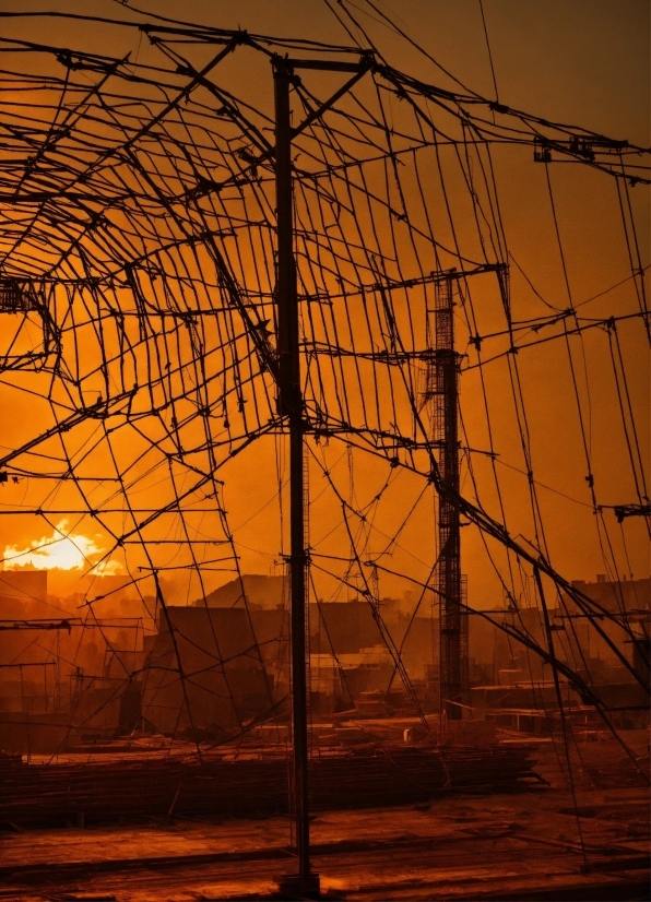 Sky, Afterglow, Electricity, Overhead Power Line, Branch, Orange