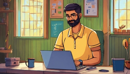 Computer, Personal Computer, Laptop, Table, Window, Beard