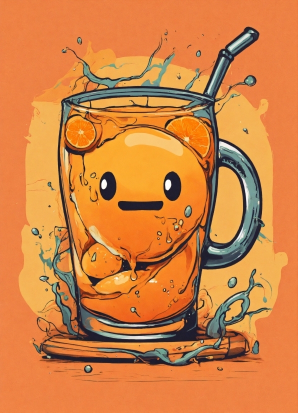 Orange, Cartoon, Drinkware, Happy, Art, Painting