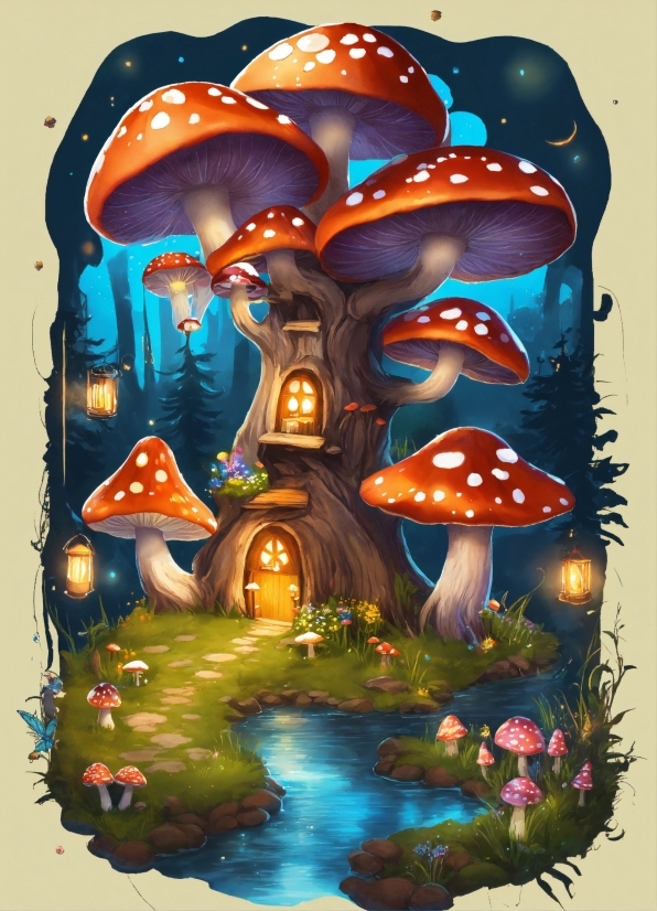 Organism, Painting, Art, Mushroom, Illustration, Electric Blue