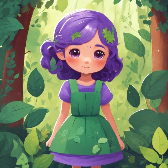 Clothing, Head, Green, Cartoon, Doll, Purple