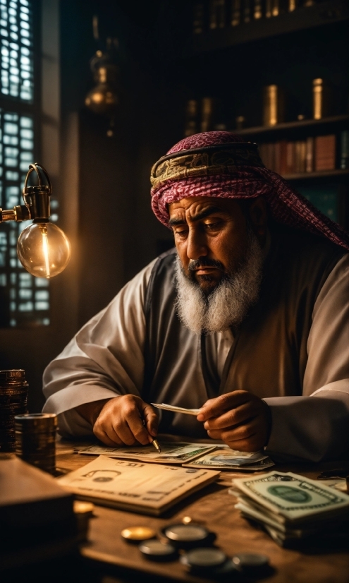 Beard, Facial Hair, Table, Darkness, Tableware, Sitting